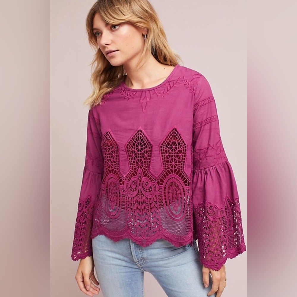 Chloe Oliver Anthropologie Lace Bell Sleeve Shirt Size Small